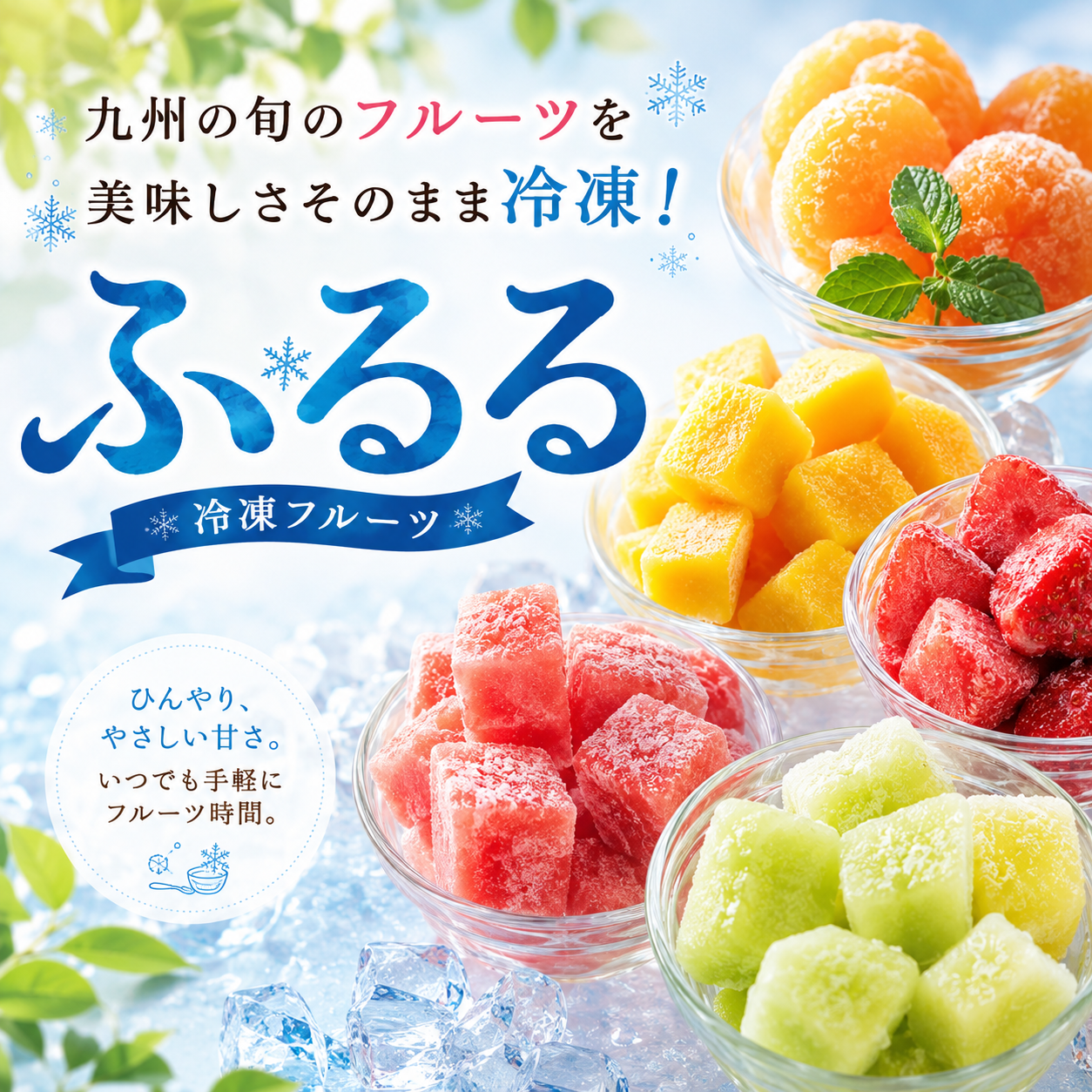<b>★冷凍フルーツ★ふるる</b><br>九州産の旬のフルーツを急速冷凍しました。香りや味わいをそのままに楽しめます♪そのままでも、スムージーやヨーグルト、アイスにもどうぞ。
